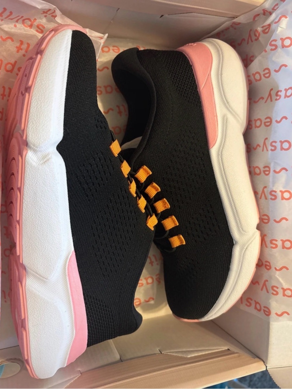 Easy Spirit Black Knit Slip-On Sneakers with Pink Sole and Orange Tabs